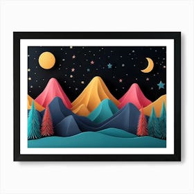 3d Modern Artwork Night Landscape, Colorful Mountains, Trees, Dark Black Background With Stars And Moon 2 Art Print