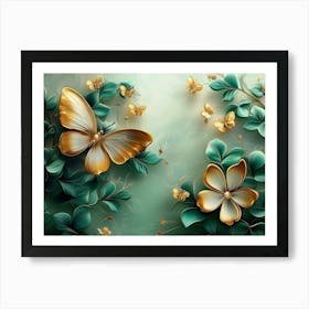 3d Art Abstract Floral Background With Green Flowers And Golden Butterfly 3 Art Print