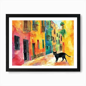 Tarragona, Spain   Cat In Street Art Watercolour Painting 1 Art Print