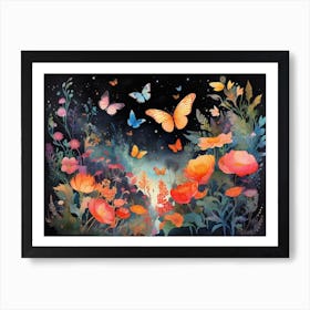 Watercolor Of Flowers And Butterflies Art Print