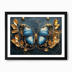 3d Luxury Canvaswork Blue And Gold Butterfly With Golden Leaves On Dark Marble Background Art Print