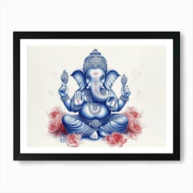 3d Pencil Sketch Drawing Of Indian God Ganesh Blue Tone In White Background Art Print