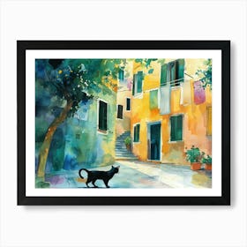 Black Cat In Pescara, Italy, Street Art Watercolour Painting 2 Art Print