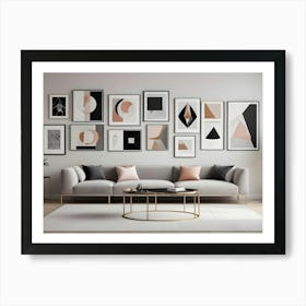 A Modern Living Room With A Gray Sofa, A Coffee Table, And A Gallery Wall Of Abstract Prints In Black, White, And Earth Tones Art Print