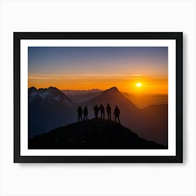 Silhouette Of Hikers At Sunset Art Print