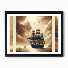 Vintage Sepia Prints Of Ocean With Ships 2 Art Print