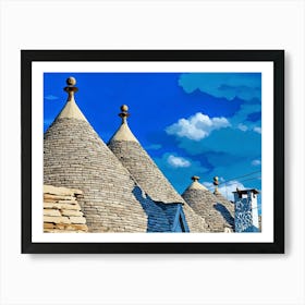 Trulli Houses in Italy. The image showcases a close-up view of several traditional Trulli houses, characterized by their distinctive conical roofs made of dry-stacked limestone. The roofs are adorned with whitewashed finials, adding a touch of elegance to the rustic architecture. The houses are bathed in warm sunlight, casting soft shadows on the stonework. 1 Art Print