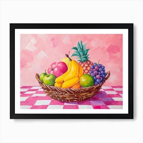Tropical Fruit Bowl Pink Checkerboard Art Print