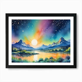 Watercolor Painting Of A Colorful Landscape With Mountains, A Lake, Trees, And A Setting Sun Art Print