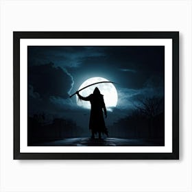 Silhouette Of A Sinister Reaper Scythe Raised Standing Against A Backdrop Of A Full Moon On Hallow (3) Art Print