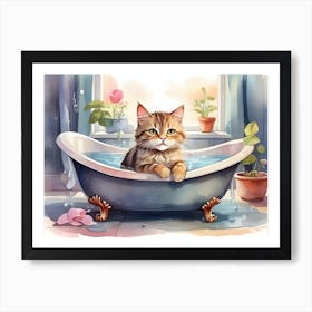 Cute Cat In The Bath Watercolor Art Art Print