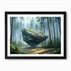 Mysterious Floating Rock In A Misty Forest 1 Art Print