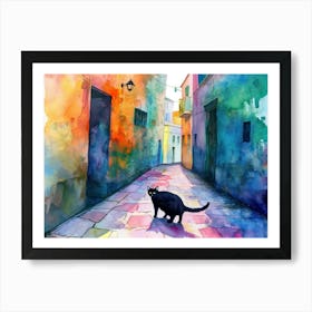 Black Cat In Taranto, Italy, Street Art Watercolour Painting 1 Art Print