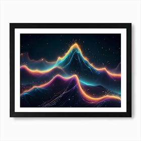 A Vibrant, Abstract Landscape Of Glowing, Mountain Peaks With A Starry, Night Sky Art Print