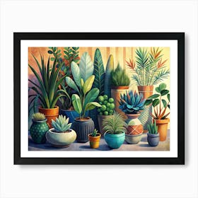 Collection Of Potted Plants In A Variety Of Shapes And Colors Art Print