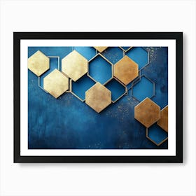 Geometric Hexagon Abstraction On Blue Background With Gold Accents 1 Art Print