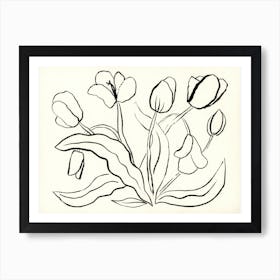 Tulips Ink Black And White minimal minimalist line art flowers floral living room kitchen dining Art Print