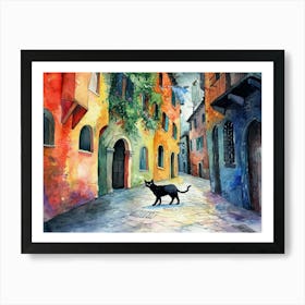 Black Cat In Vicenza, Italy, Street Art Watercolour Painting 1 Art Print