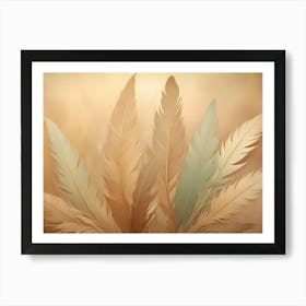 A Collection Of Feathers In Shades Of Beige, Brown, And Green, Arranged Against A Blurred, Soft Brown Background Art Print