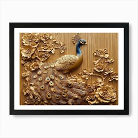 Golden 3d Peacock on Wooden Circle Art Print