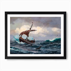 HD Remastered Painting "Summer Night Off the Greenland Coast" c1875 Viking Boat Ship Norse Scandinavian Art by Danish oil painter Jens Erik Carl Rasmussen (1841-1893) Art Print