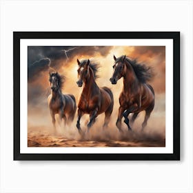 Three Horses Running In The Desert - Ai Art Print