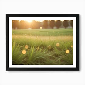 A Close Up Shot Of Green Grass With A Blurred Background Of A Field And Trees Art Print