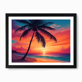 A Tranquil Beach At Sunset Horizontal Illustration 10 Art Print