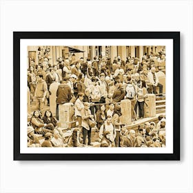 Rome, Fontana di Trevi. The image depicts a large crowd of people gathered in an outdoor setting. The scene is rendered in sepia tones, giving it a vintage and nostalgic feel. The people are densely packed, with many standing and some sitting on a stone ledge. They are all dressed in casual clothing, and their faces are mostly obscured, creating a sense of anonymity. Art Print