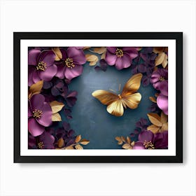 3d Art Abstract Floral Background with Magenta Flowers and Golden Butterfly Art Print