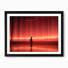 Abstract Digital Image Of A Room With A Large Screen Displaying A Fiery, Red Sunset Over A Mountain Range, Creating A Dramatic And Futuristic Atmosphere Art Print