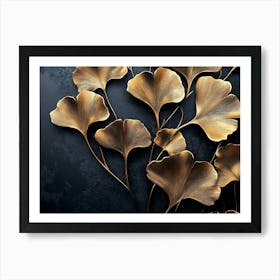 Refined 3d Floral Art with Golden Ginkgo Biloba Leaves on Dark Background Art Print