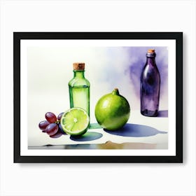 Lime and Grape near a bottle watercolor painting 1 Art Print