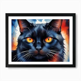 Close Up Portrait Of A Black Cat With Intense, Glowing Orange Eyes Against A Dark Background With Abstract Splashes Of Color Art Print