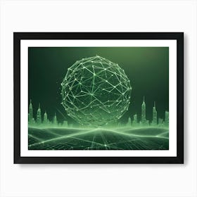 Abstract Digital Artwork Of A Futuristic Cityscape With A Glowing Green Egg Shaped Structure Floating Above Art Print