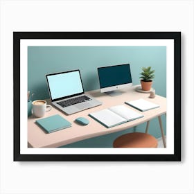 A Minimalist Desk With A Laptop, Computer Monitor, Notebooks, Pencils, A Cup Of Coffee, And A Plant Art Print