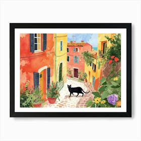 Marseille, France   Cat In Street Art Watercolour Painting 3 Art Print