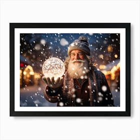 A Snowy Holiday Evening Time Scene Featuring A Man Holding A Luminous Orb That Glimmers With Encapsu Art Print