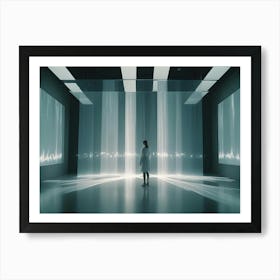 Abstract Digital Image Of A Woman In A White Coat Standing In A Futuristic Room With Glowing Vertical Lines And Screens Displaying Abstract Patterns, Creating A Sense Of Mystery And Technology Art Print