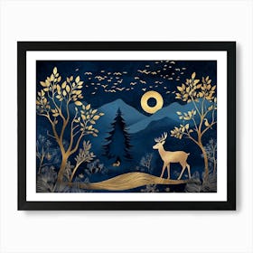 Dark Blue From The Contemporary Era Christmas Tree, Mountain, Deer, Birds and Waves Of Gold 1 Art Print