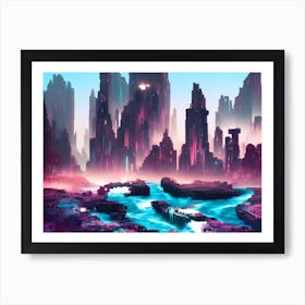 Urban City Cyberpunk River Cyber Tech Future Art Print