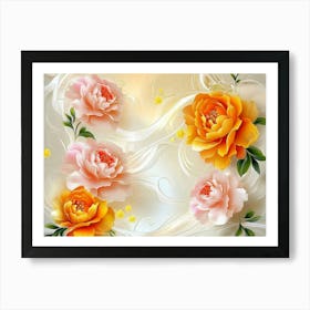 3d Art Stretch Ceiling Design With Orange And Yellow Flowers, Pink Peonies And White Swirls 1 Art Print