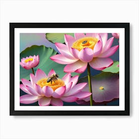 Lotus Flower With Bee Art Print