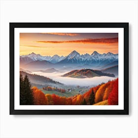 Autumn Landscape Panoramic View Of The Tatra Mountains Leaves In Vivid Shades Of Red Orange And (1) 2 Art Print