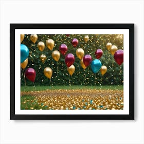 A Collection Of Red, Gold, And Blue Balloons, Falling Through The Air Amidst Golden Confetti, Against A Green Lawn Backdrop Poster