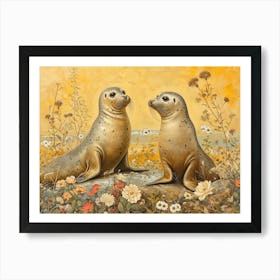 Floral Animal Illustration Harp Seal Art Print