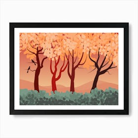 Landscape Nature Forest Trees Vegetation Stylized Birds Silhouettes Fall Design Sheets Afternoon Mountains Sky Art Print