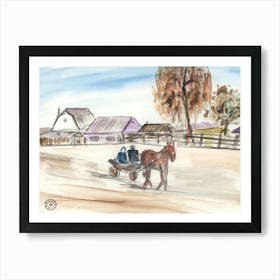 Rural Scene - hand painted watercolor horse village people nature Art Print