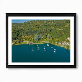 Yachts and boats on the lake. Summer sunny day in Italy. Aerial photography. Art Print