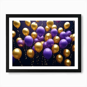 A Celebratory Scene With A Mix Of Purple And Gold Balloons Floating Against A Dark Blue Background Art Print